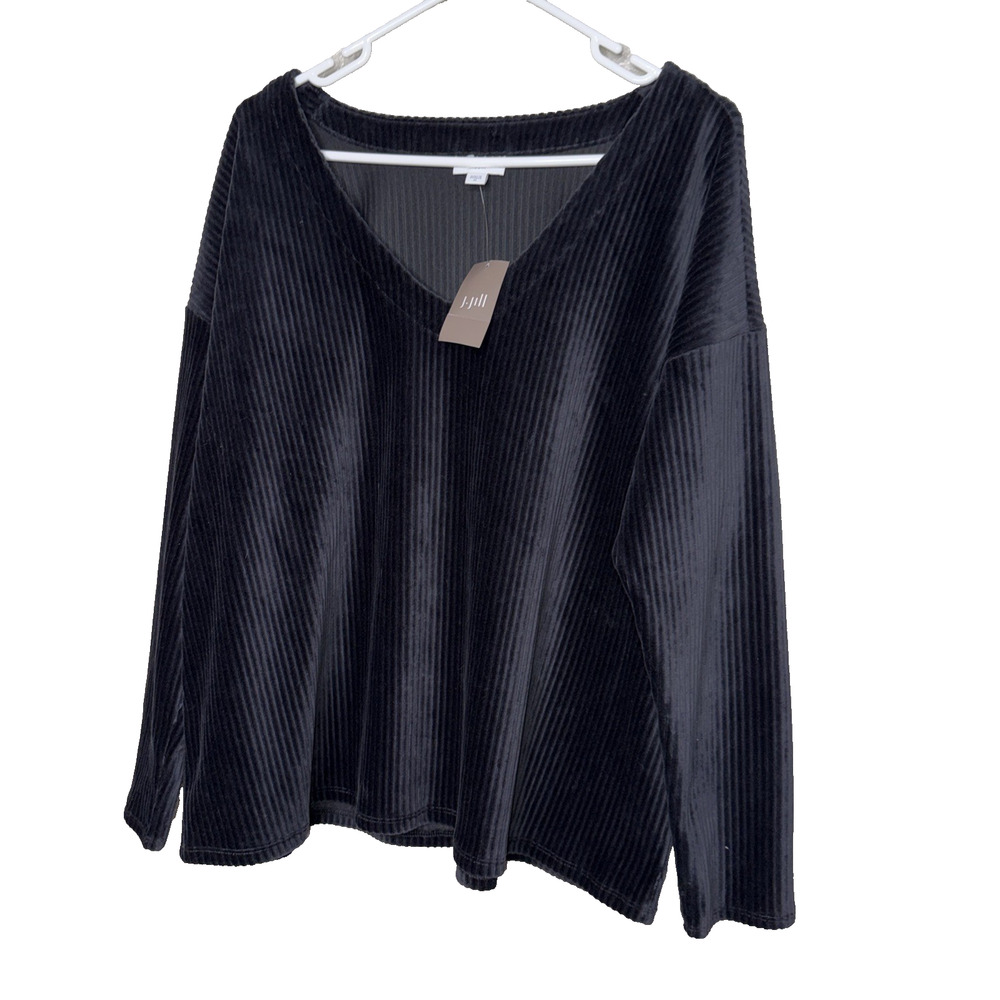 J Jill Black Corduroy Top Womens XL V Neck Relaxed Ribbed Casual Stretch New